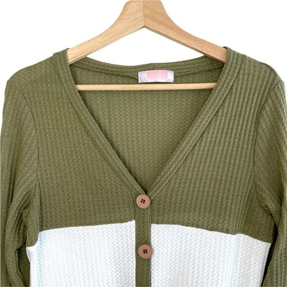 Waffle Knit Front Tie Colour Block Button Down - Picture 3 of 8